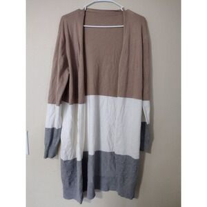 Colorblock Open Front Long Sleeve Cardigan Khaki White Grey Medium